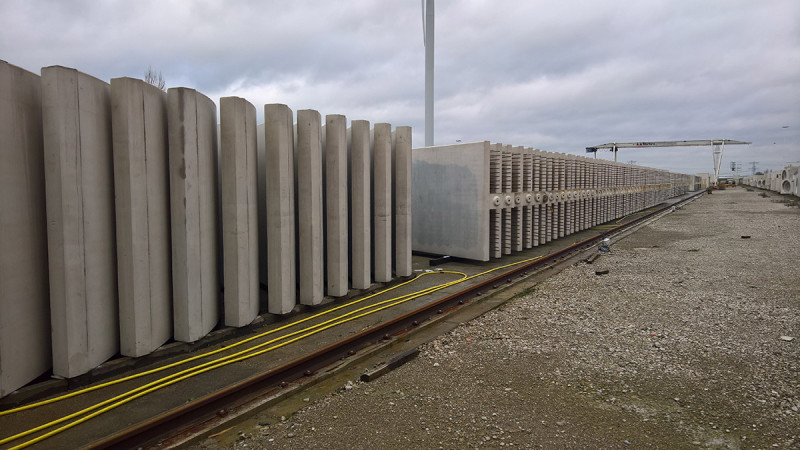 stacked arch elements in the precast yard